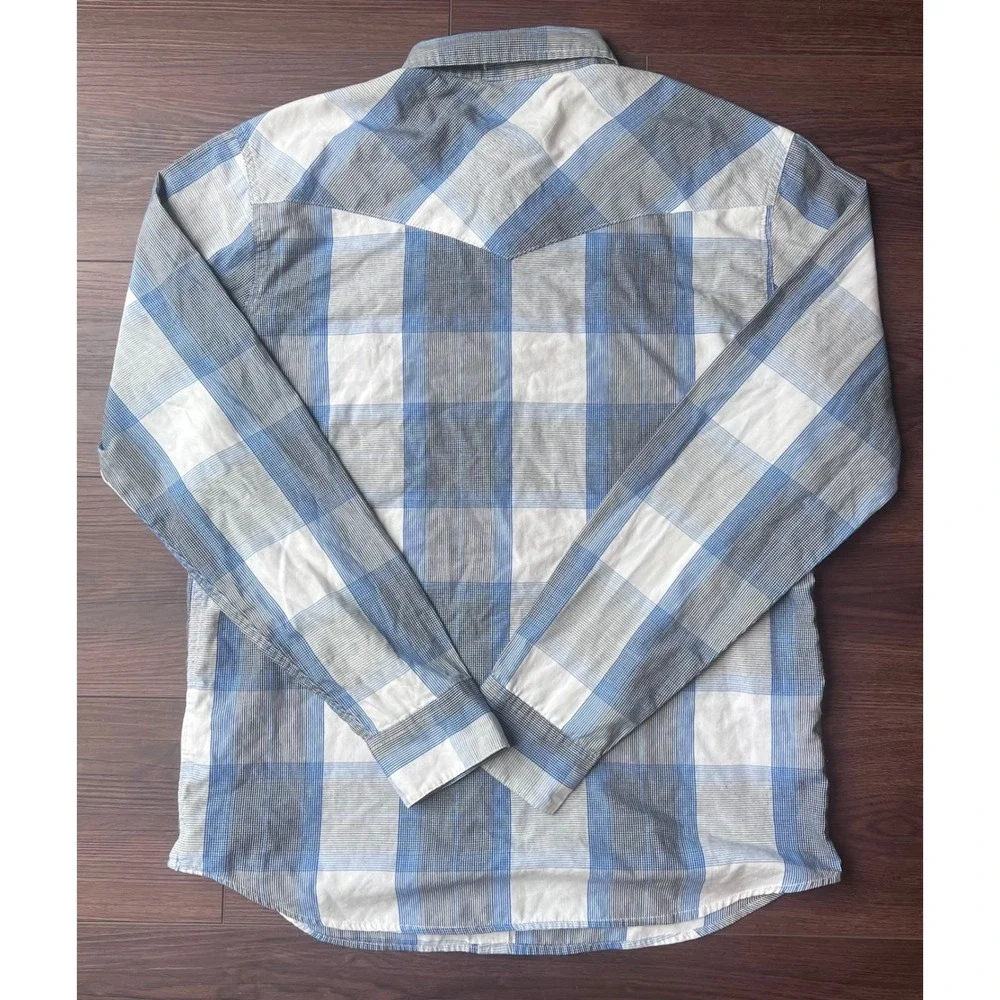 Levis Mens Western Shirt Blue White Plaid Pearl Snap Standard Fit M Long Slv
